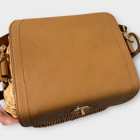 Tory Burch Basket Bag Satchel Handbag Bamboo Leather Tan Gold Logo 4FM90 - Picture 8 of 13